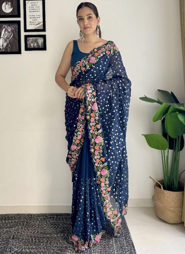 Georgette Sea Blue Daily Wear Embroidery Work Saree